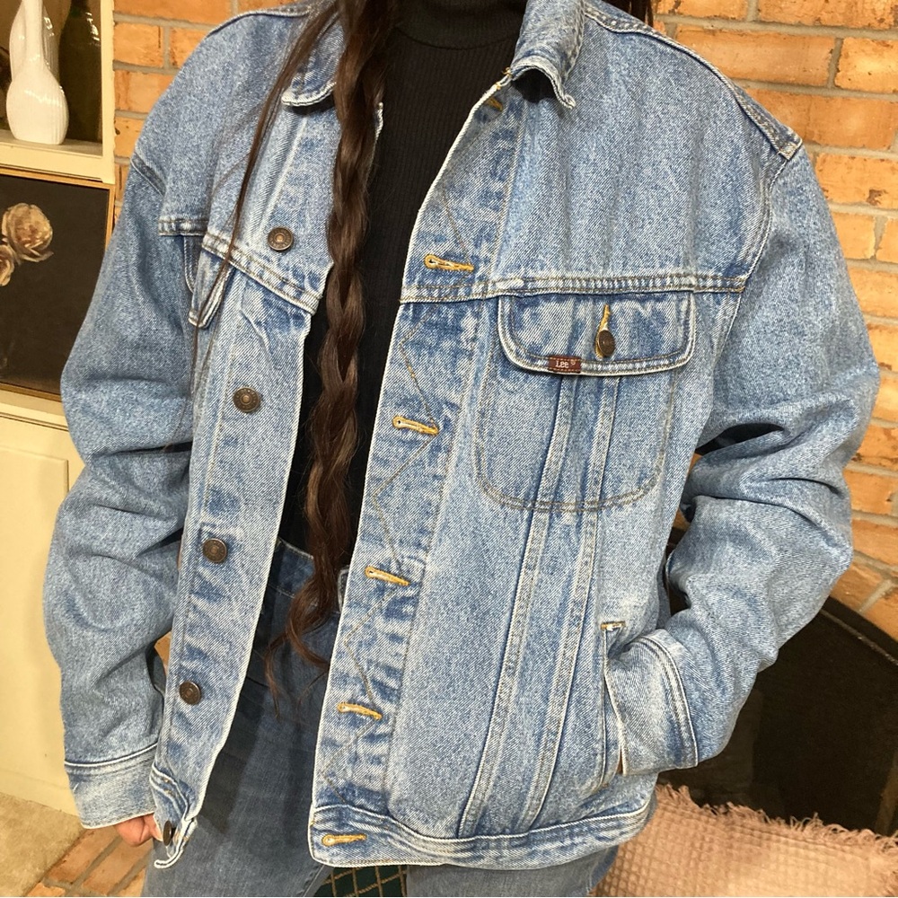 LEE Masco Graphic Embroidered Logo Blue Denim Tracker Jacket Stone Wash L